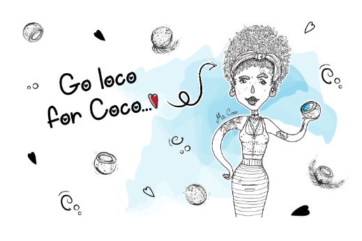 Comic von Mrs Coco mit Kokosnuss in der Hand und dem Text "Go loco for Coco"