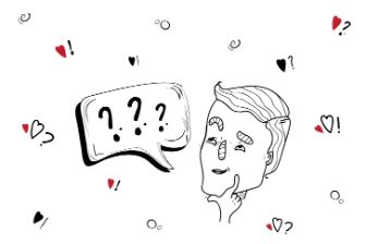 Comic von denkendem Männergesicht mit Sprechblase mit Fragezeichen