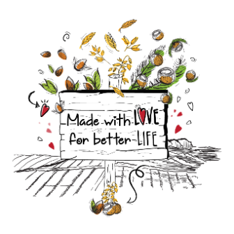 Comic von stehendem Holzschild mit "Made with Love for better Life" mit Dekoration