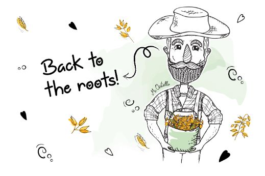 Comic von Mr Oatello mit einer Tasche voll Hafer in der Hand und dem Text "Back to the roots"
