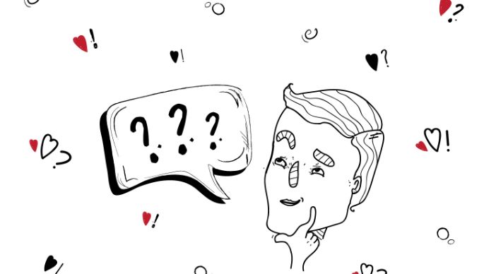 Comic von denkendem Männergesicht mit Sprechblase mit Fragezeichen