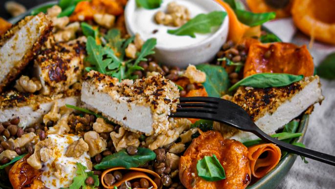 Salat mit Linsen-Zuckerschoten, gegrillten Aprikosen und Tofu-Walnuss-Ecken und rundherum dekoriert